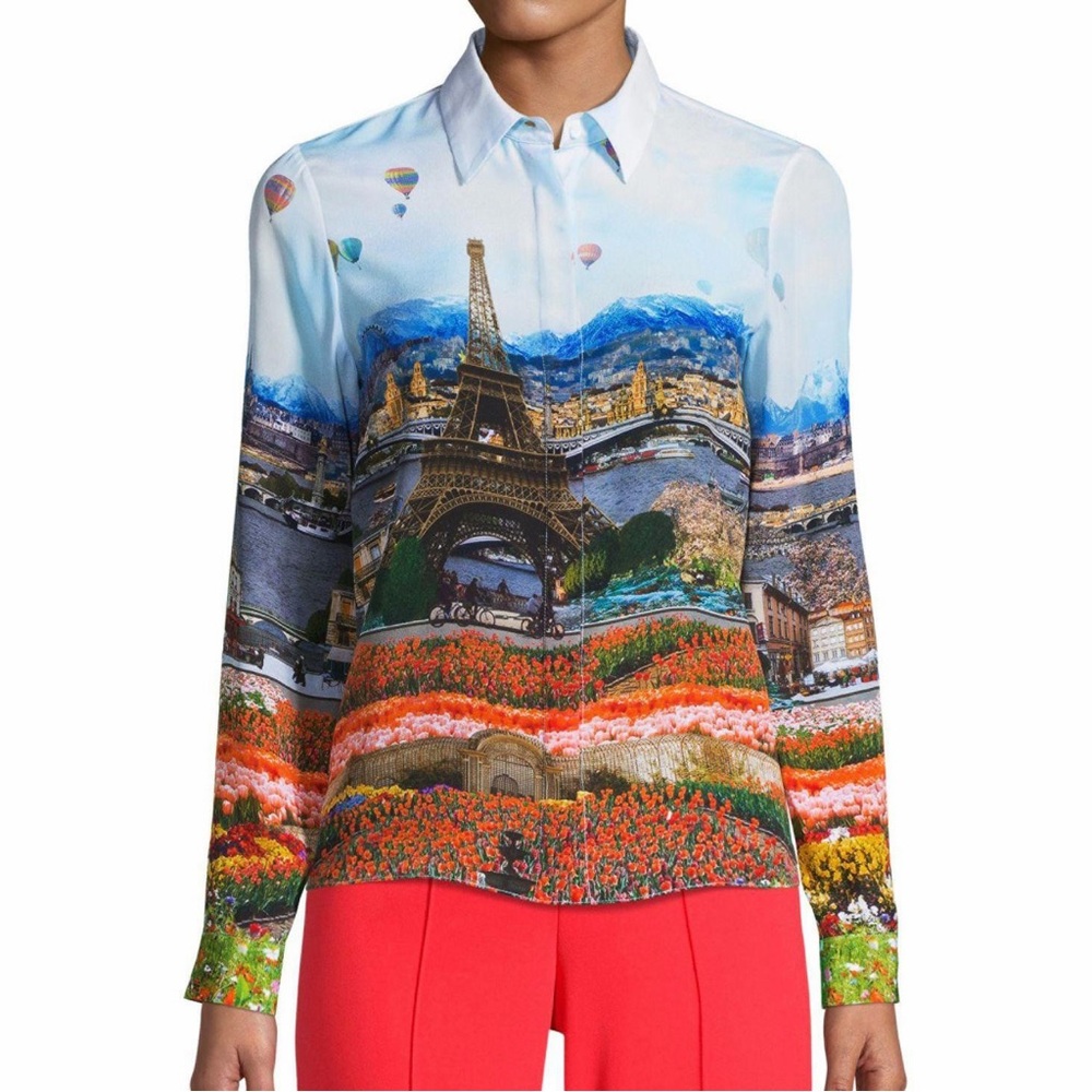 Alice + Olivia Willa Eiffel Tower Shirt Blouse Silk Floral Emily in Paris L